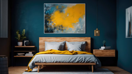 Cozy interior of the bedroom is yellow with blue walls. Bedroom Scandinavian style. Generative AIの素材