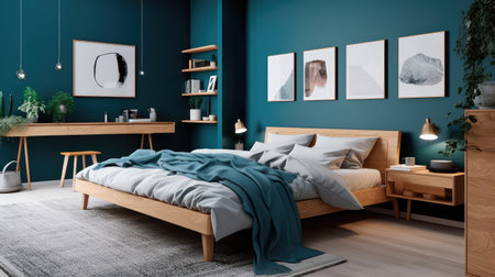 Cozy interior of the bedroom is yellow with blue walls. Bedroom Scandinavian style. Generative AIの素材