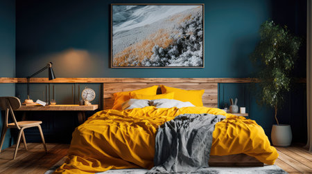 Cozy interior of the bedroom is yellow with blue walls. Bedroom Scandinavian style. Generative AIの素材