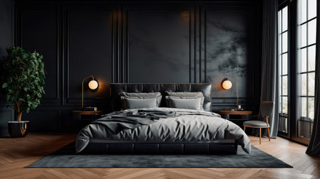 Concept illustration of a bedroom with sleek black decor, a wooden floor, a king-size bed, and a large window. Generative AIの素材