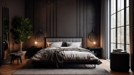 Concept illustration of a bedroom with sleek black decor, a wooden floor, a king-size bed, and a large window. Generative AIの素材