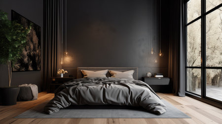 Concept illustration of a bedroom with sleek black decor, a wooden floor, a king-size bed, and a large window. Generative AIの素材