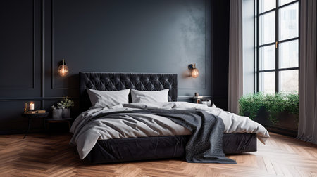 Concept illustration of a bedroom with sleek black decor, a wooden floor, a king-size bed, and a large window. Generative AIの素材