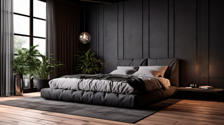 Concept illustration of a bedroom with sleek black decor, a wooden floor, a king-size bed, and a large window. Generative AIの素材
