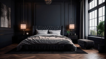 Concept illustration of a bedroom with sleek black decor, a wooden floor, a king-size bed, and a large window. Generative AIの素材