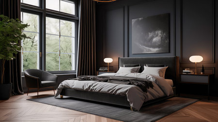 Concept illustration of a bedroom with sleek black decor, a wooden floor, a king-size bed, and a large window. Generative AIの素材