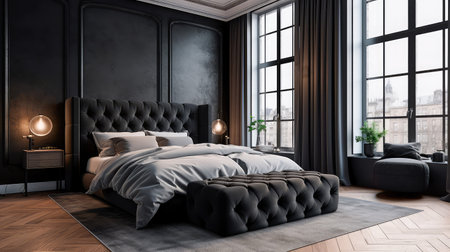 Concept illustration of a bedroom with sleek black decor, a wooden floor, a king-size bed, and a large window. Generative AIの素材