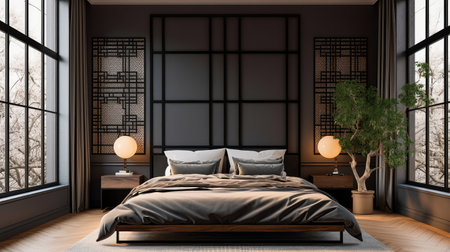 Concept illustration of a bedroom with sleek black decor, a wooden floor, a king-size bed, and a large window. Generative AIの素材