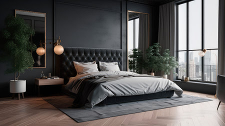 Concept illustration of a bedroom with sleek black decor, a wooden floor, a king-size bed, and a large window. Generative AIの素材