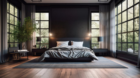 Concept illustration of a bedroom with sleek black decor, a wooden floor, a king-size bed, and a large window. Generative AIの素材