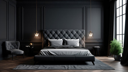 Concept illustration of a bedroom with sleek black decor, a wooden floor, a king-size bed, and a large window. Generative AIの素材
