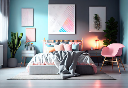 Concept illustration of a modern bedroom interior design in pastel colors. Generative AIの素材