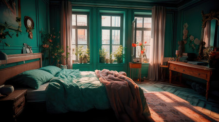 Concept illustration of a modern bedroom interior design in pastel colors. Generative AIの素材