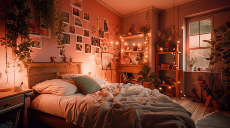 Concept illustration of a modern bedroom interior design in pastel colors. Generative AIの素材
