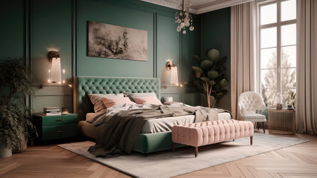 Concept illustration of a modern bedroom interior design in pastel colors. Generative AIの素材