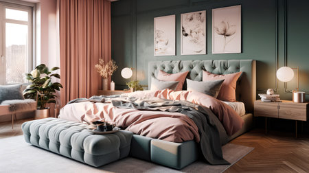Concept illustration of a modern bedroom interior design in pastel colors. Generative AIの素材