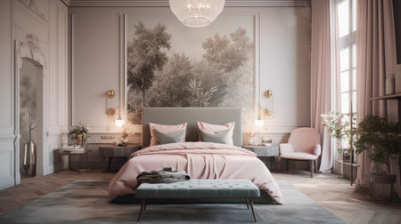 Concept illustration of a modern bedroom interior design in pastel colors. Generative AIの素材