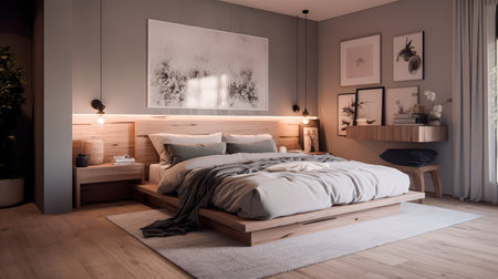 Concept illustration of a modern bedroom interior design in pastel colors. Generative AIの素材