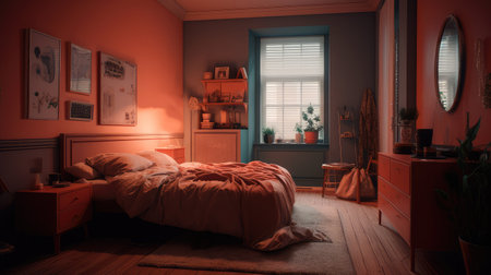 Concept illustration of a modern bedroom interior design in pastel colors. Generative AIの素材