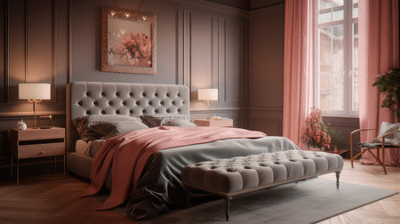 Concept illustration of a modern bedroom interior design in pastel colors. Generative AIの素材