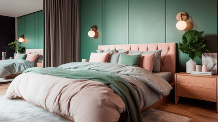 Concept illustration of a modern bedroom interior design in pastel colors. Generative AIの素材