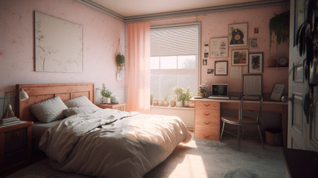 Concept illustration of a modern bedroom interior design in pastel colors. Generative AIの素材