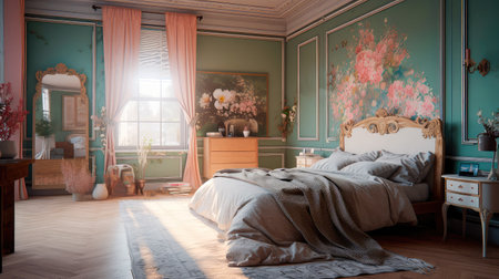 Concept illustration of a modern bedroom interior design in pastel colors. Generative AIの素材