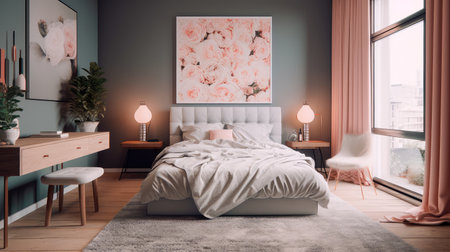 Concept illustration of a modern bedroom interior design in pastel colors. Generative AIの素材