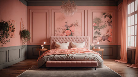 Concept illustration of a modern bedroom interior design in pastel colors. Generative AIの素材