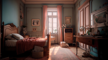 Concept illustration of a modern bedroom interior design in pastel colors. Generative AIの素材