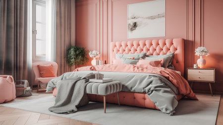 Concept illustration of a modern bedroom interior design in pastel colors. Generative AIの素材
