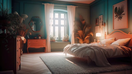 Concept illustration of a modern bedroom interior design in pastel colors. Generative AIの素材
