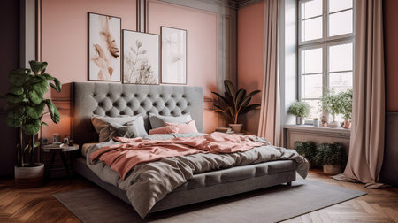 Concept illustration of a modern bedroom interior design in pastel colors. Generative AIの素材