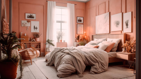 Concept illustration of a modern bedroom interior design in pastel colors. Generative AIの素材