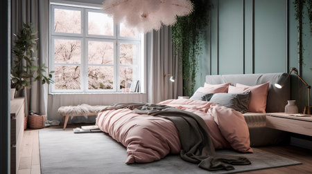 Concept illustration of a modern bedroom interior design in pastel colors. Generative AIの素材