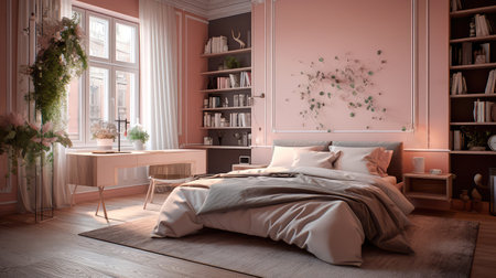 Concept illustration of a modern bedroom interior design in pastel colors. Generative AIの素材