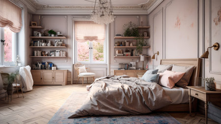 Concept illustration of a modern bedroom interior design in pastel colors. Generative AIの素材