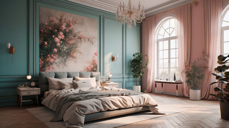 Concept illustration of a modern bedroom interior design in pastel colors. Generative AIの素材