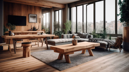 Wooden living room interior with eating table and couch, panoramic window. Generative AIの素材