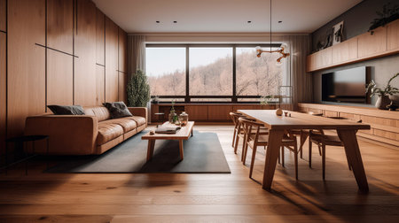 Wooden living room interior with eating table and couch, panoramic window. Generative AIの素材