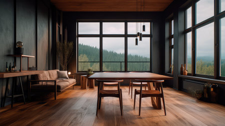 Wooden living room interior with eating table and couch, panoramic window. Generative AIの素材