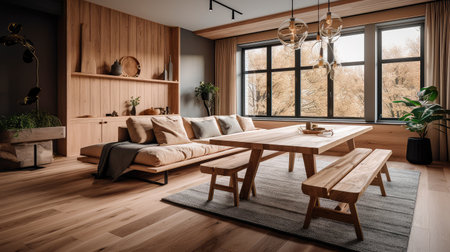 Wooden living room interior with eating table and couch, panoramic window. Generative AIの素材