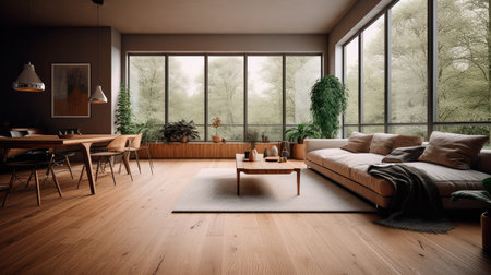 Wooden living room interior with eating table and couch, panoramic window. Generative AIの素材