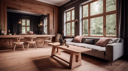Wooden living room interior with eating table and couch, panoramic window. Generative AIの素材