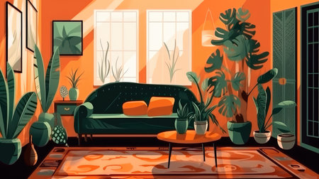 Bright illustration with a sofa, houseplants in pots and picture frames. Generative AIの素材