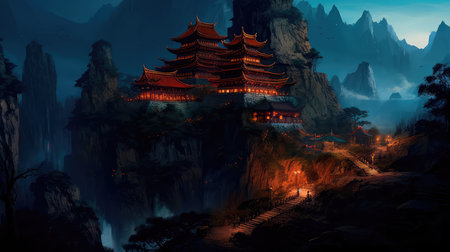 Ancient Chinese temple in the deep gorge. Generative AIの素材