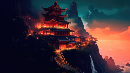Ancient Chinese temple in the deep gorge. Generative AIの素材