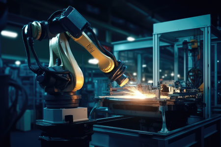 Engineer check and control welding robotics automatic arms machine in intelligent factory with monitoring system software. digital manufacturing operation. industry. Generative AIの素材