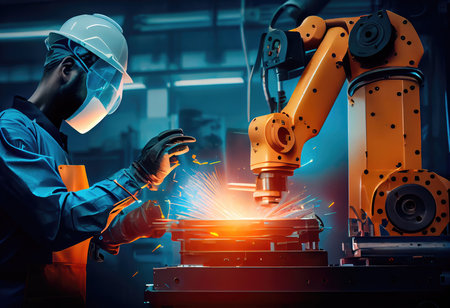 Engineer check and control welding robotics automatic arms machine in intelligent factory with monitoring system software. digital manufacturing operation. industry. Generative AIの素材