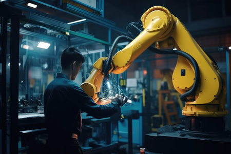 Engineer check and control welding robotics automatic arms machine in intelligent factory with monitoring system software. digital manufacturing operation. industry. Generative AIの素材